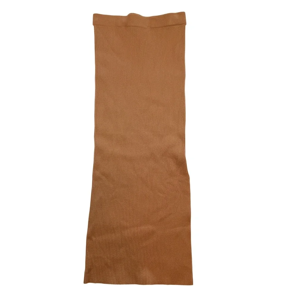 Lilyful Camel Brown Ribbed Knit Maxi Skirt Side Slit Bodycon Stretch Small